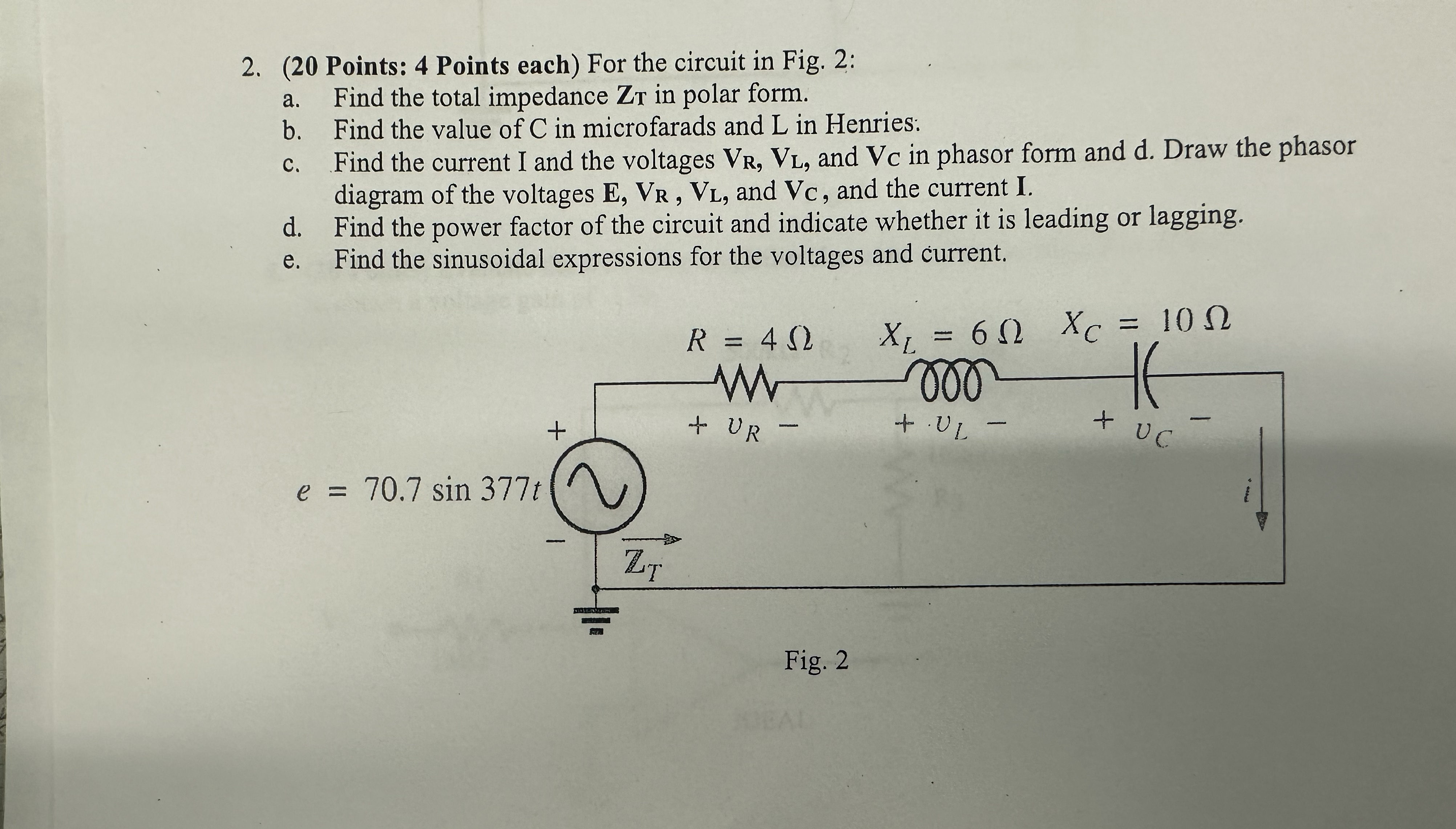 ( 2 0 Points: 4 Points each ) For the circuit in