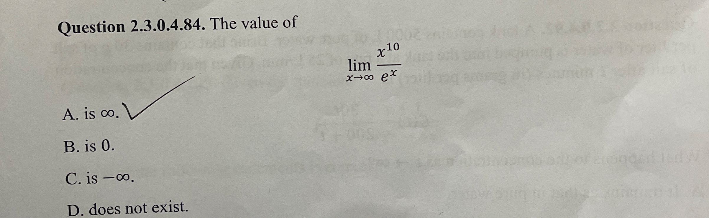 Question 2 . 3 . 0 . 4 . 8 4 . The value of lim x