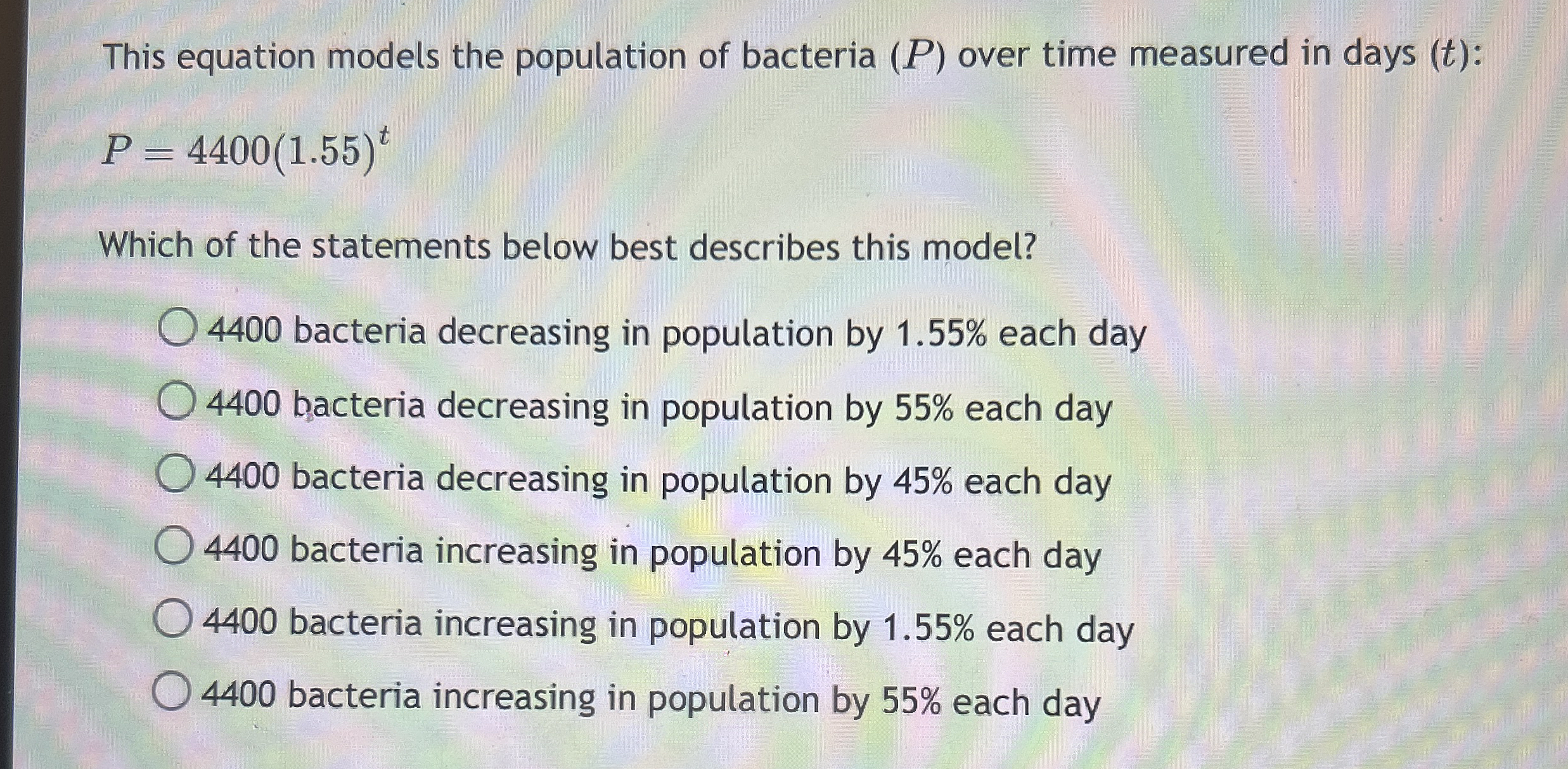 This equation models the population of bacteria (