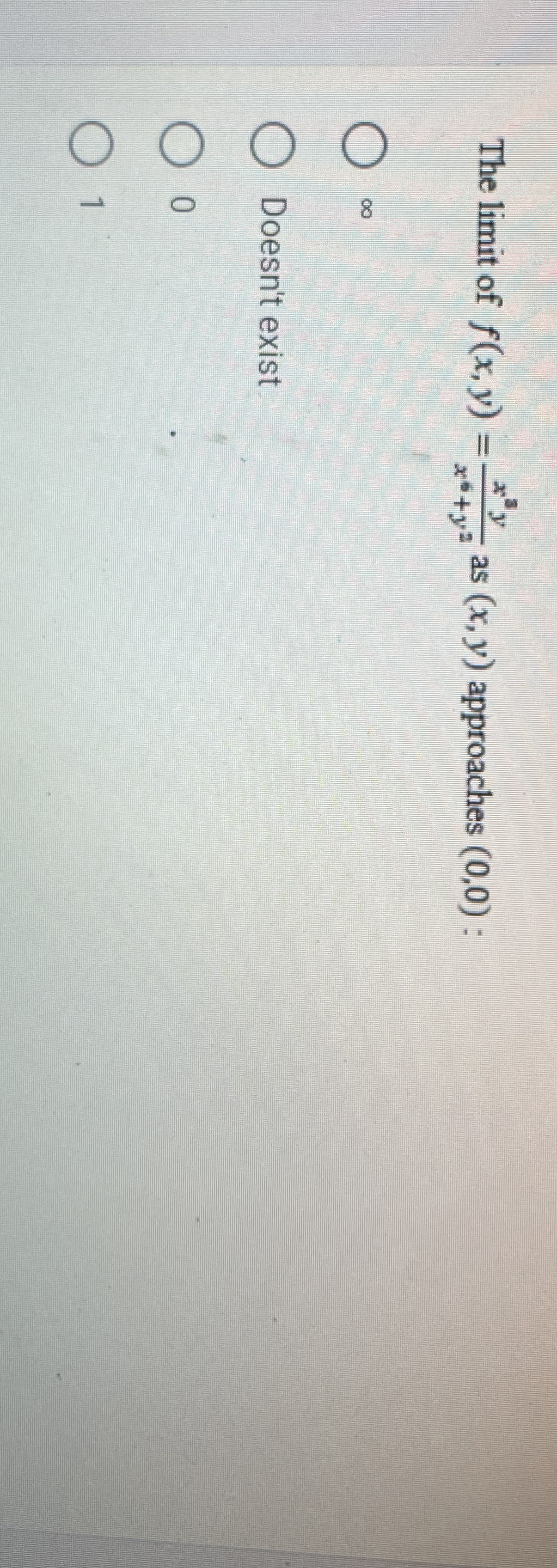 The limit of f ( x , y ) = x 3 y x 6 + y 2 as ( x