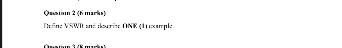 Question 2 ( 6 marks ) Define VSWR and describe