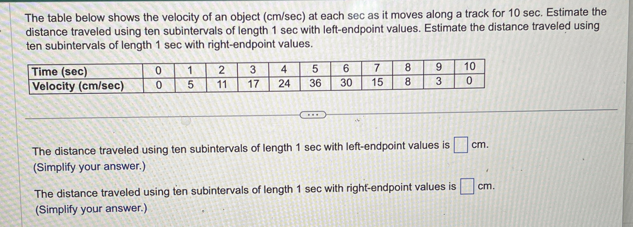 The table below shows the velocity of an object (