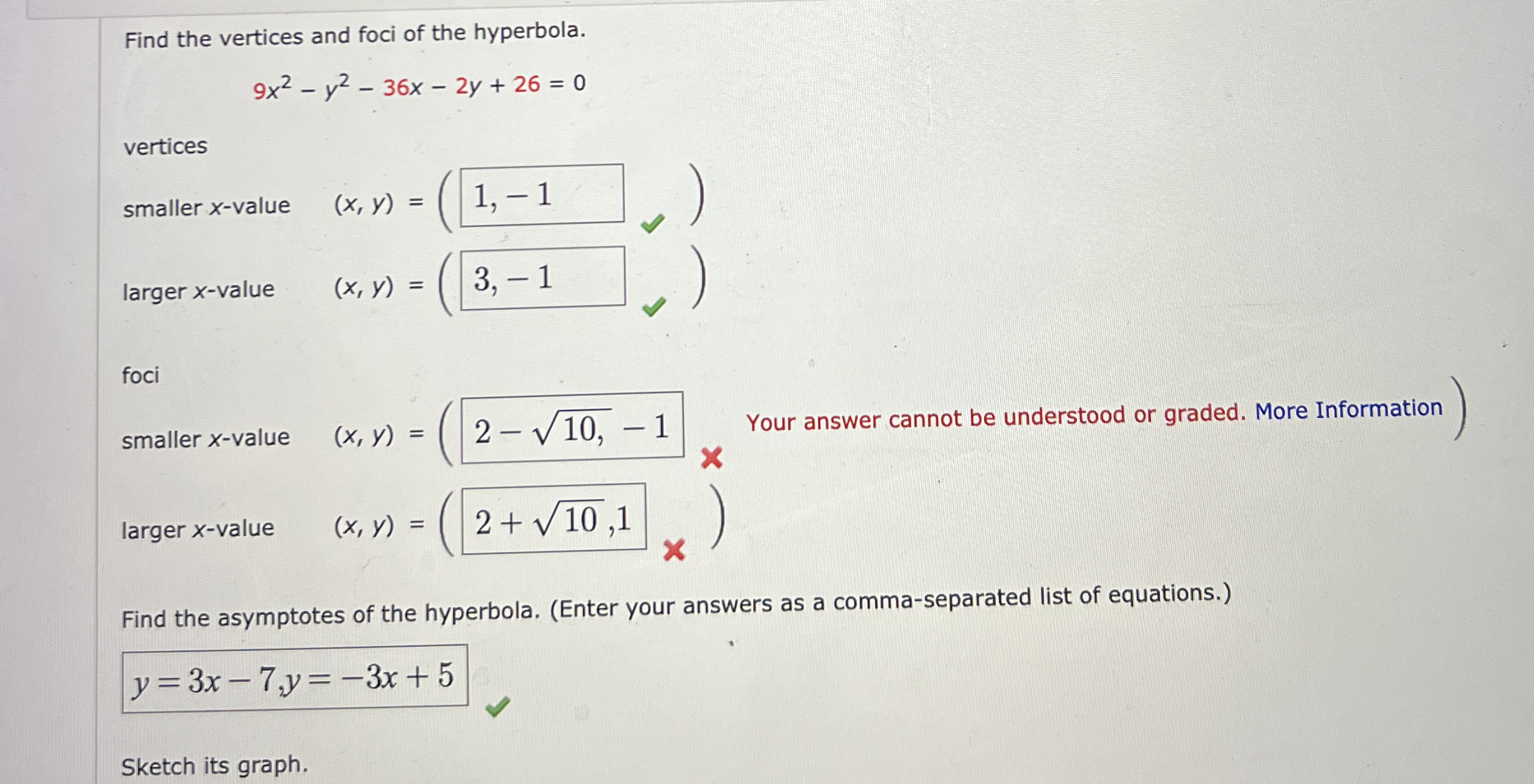 Find the vertices and foci of the hyperbola. 9 x