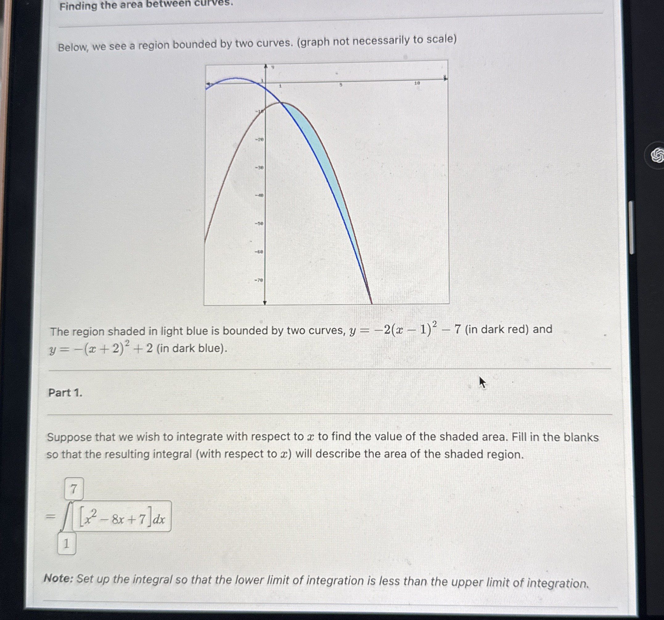 Finding the area between curves. q , Below, we