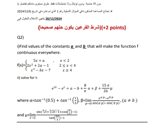 ( ) ( 2 points ) ( + 2 ) Q 2 ) i ) Find values of