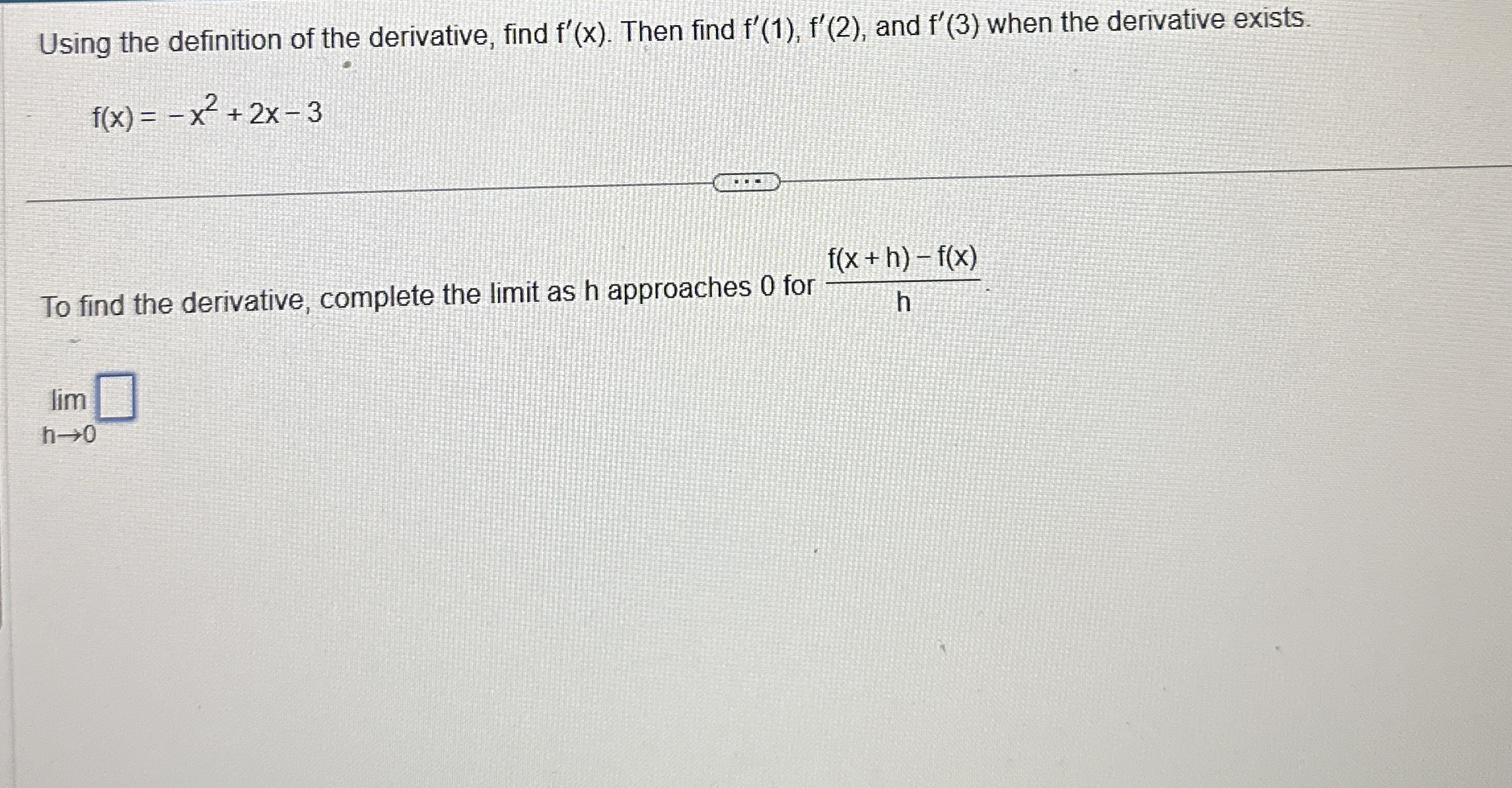 Using the definition of the derivative, find f '