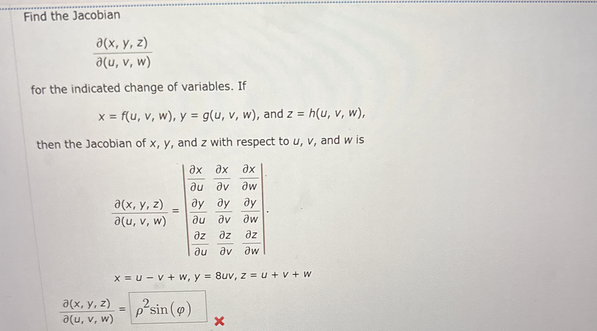 Find the Jacobian d e l ( x , y , z ) d e l ( u ,