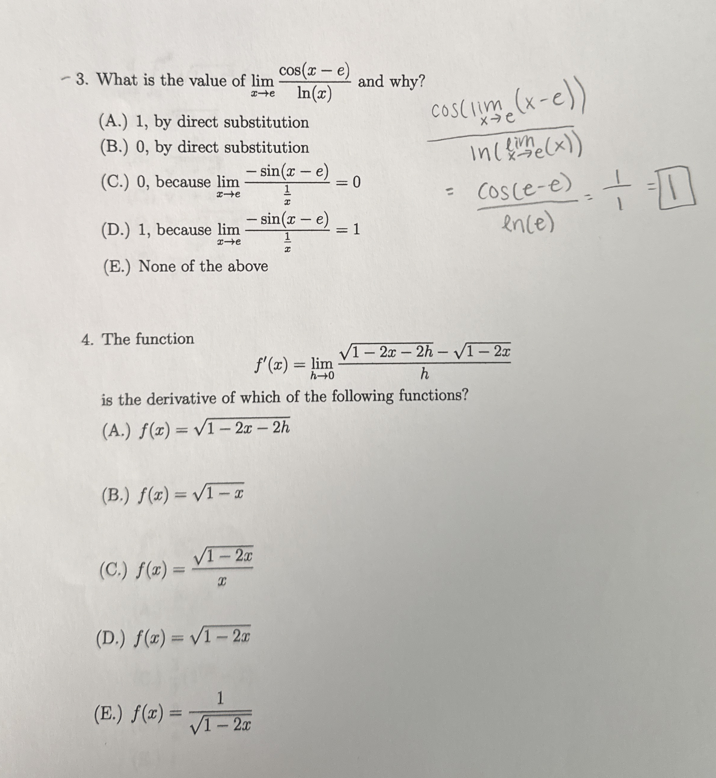 - 3 . What is the value of lim x e c o s ( x - e