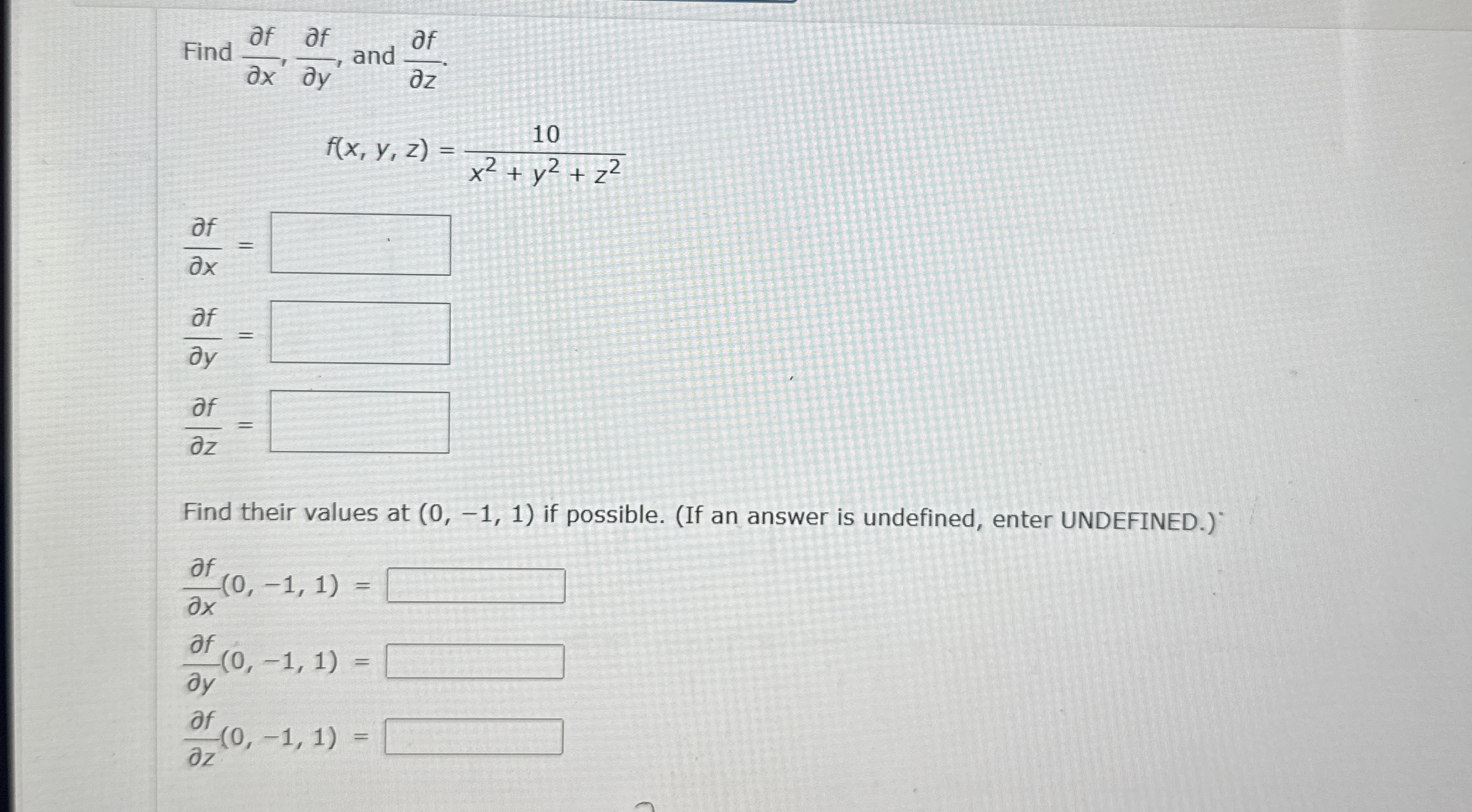 Find d e l f d e l x , d e l f d e l y , and d e