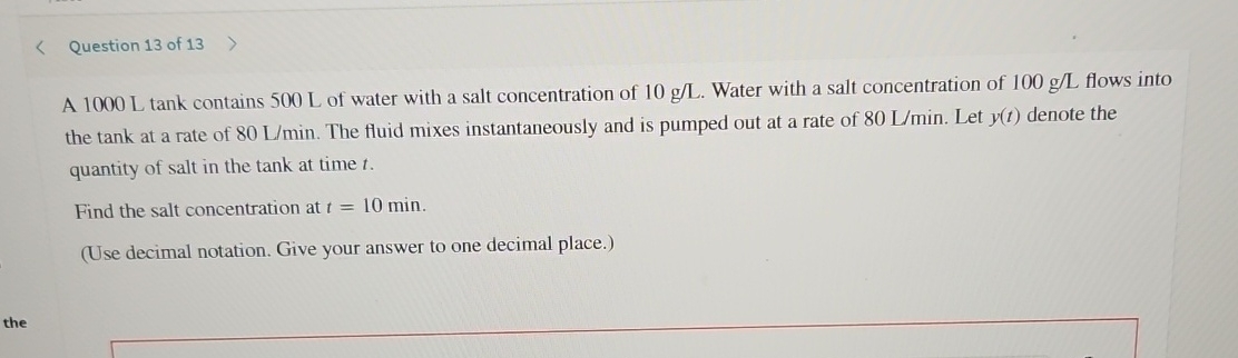 Question 1 3 of 1 3 A 1 0 0 0 L tank contains 5 0
