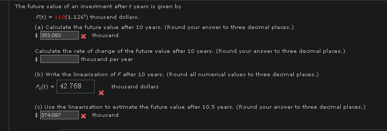 The future value of an investment after t years