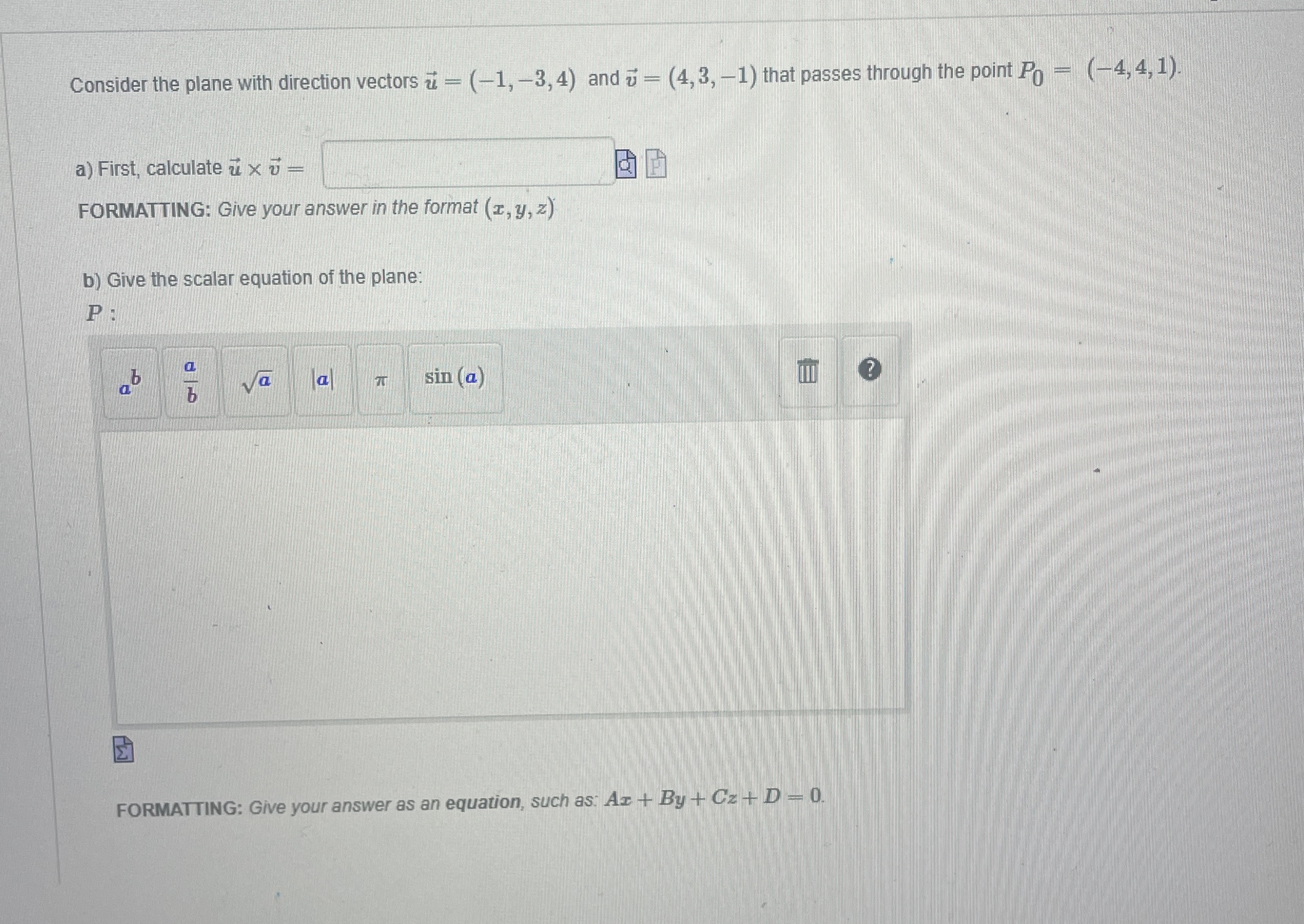 Consider the plane with direction vectors vec ( u