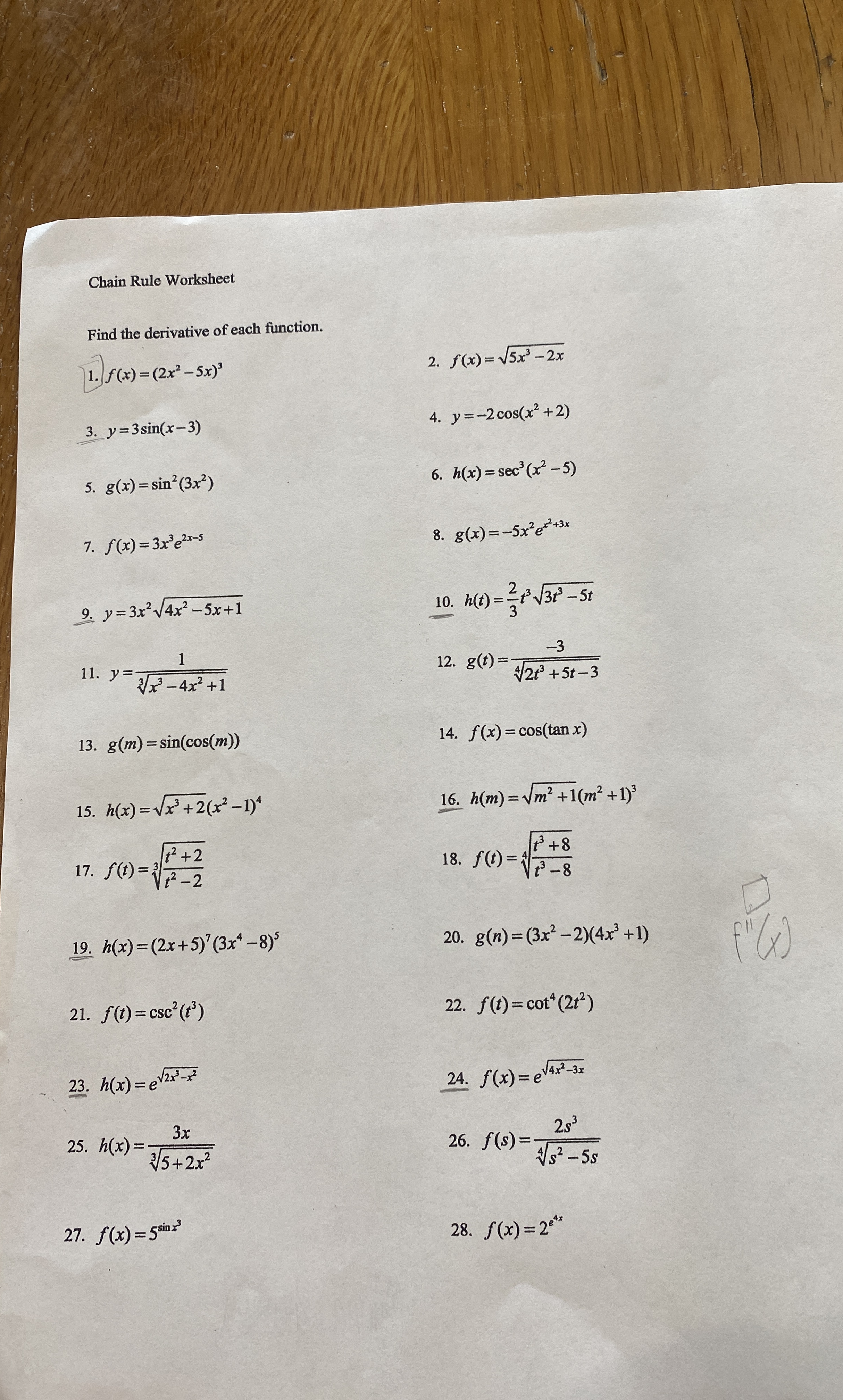 Chain Rule Worksheet Find the derivative of each