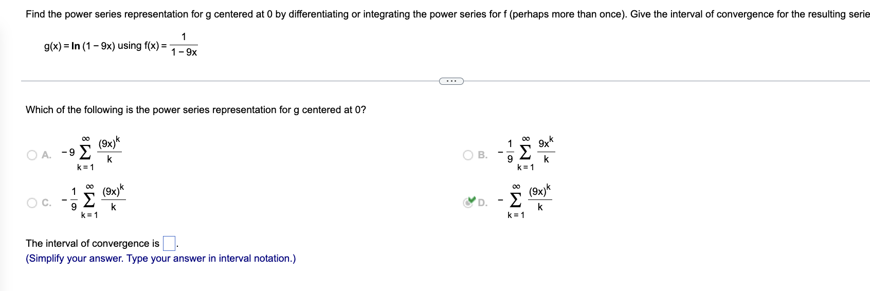 Find the power series representation for g
