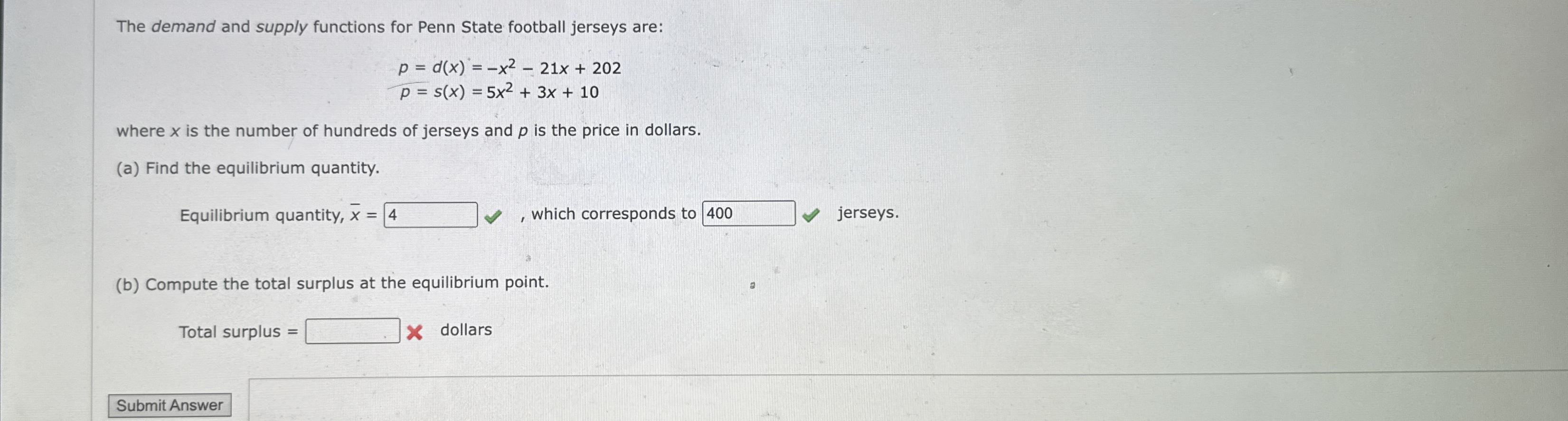 The demand and supply functions for Penn State