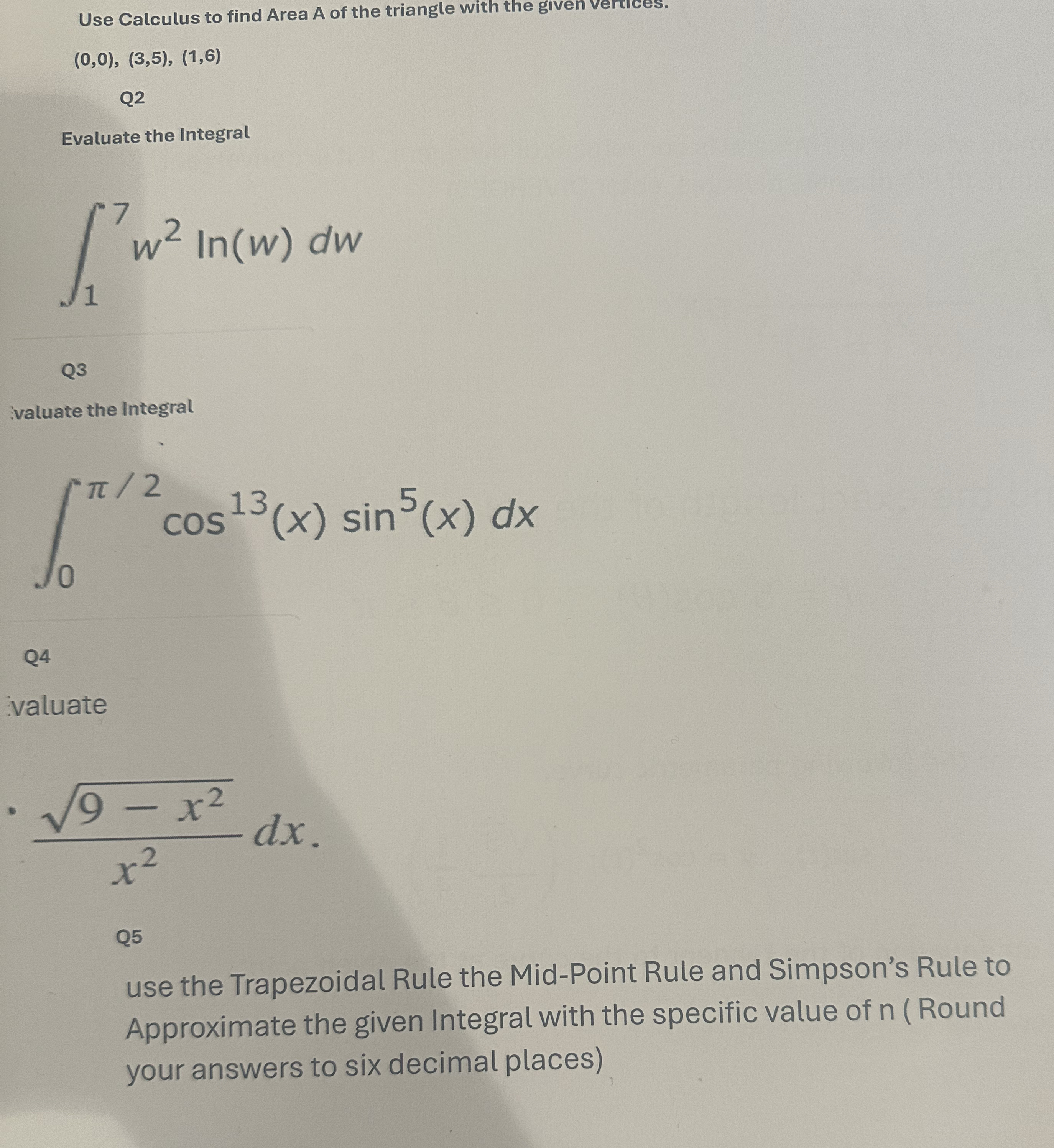 use calculus to find Area A of the triangle with