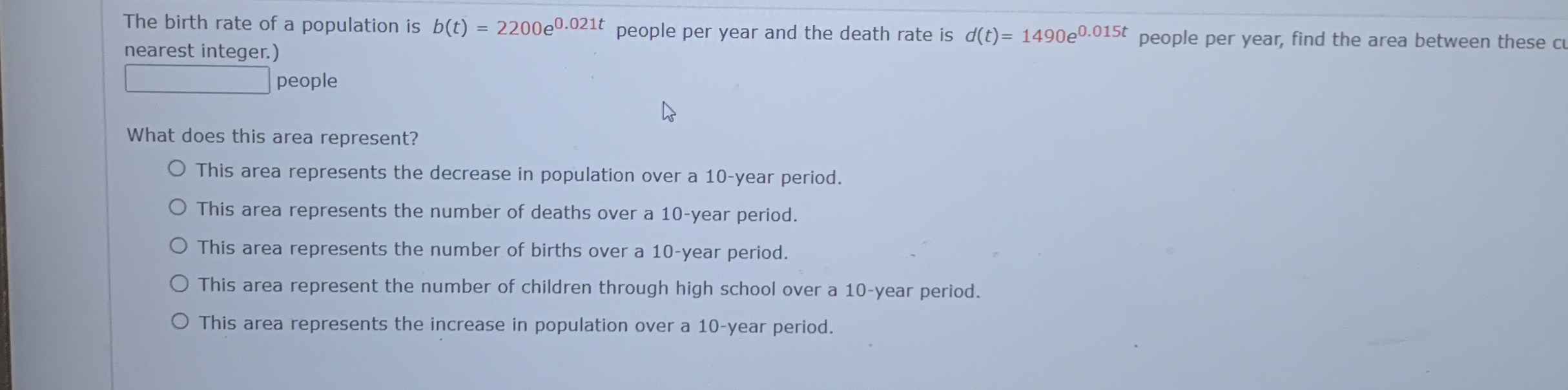 The birth rate of a population is b ( t ) = 2 2 0