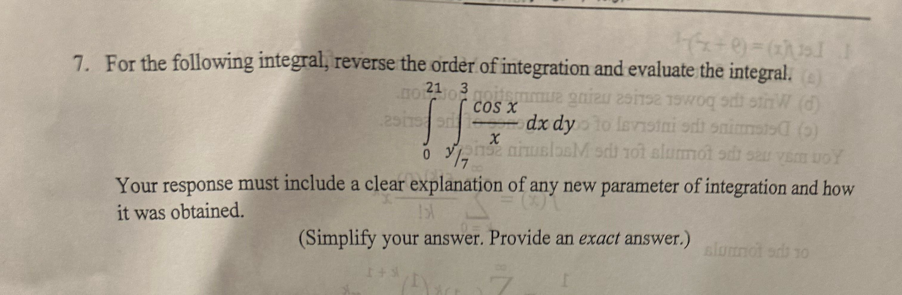 For the following integral, reverse the order of