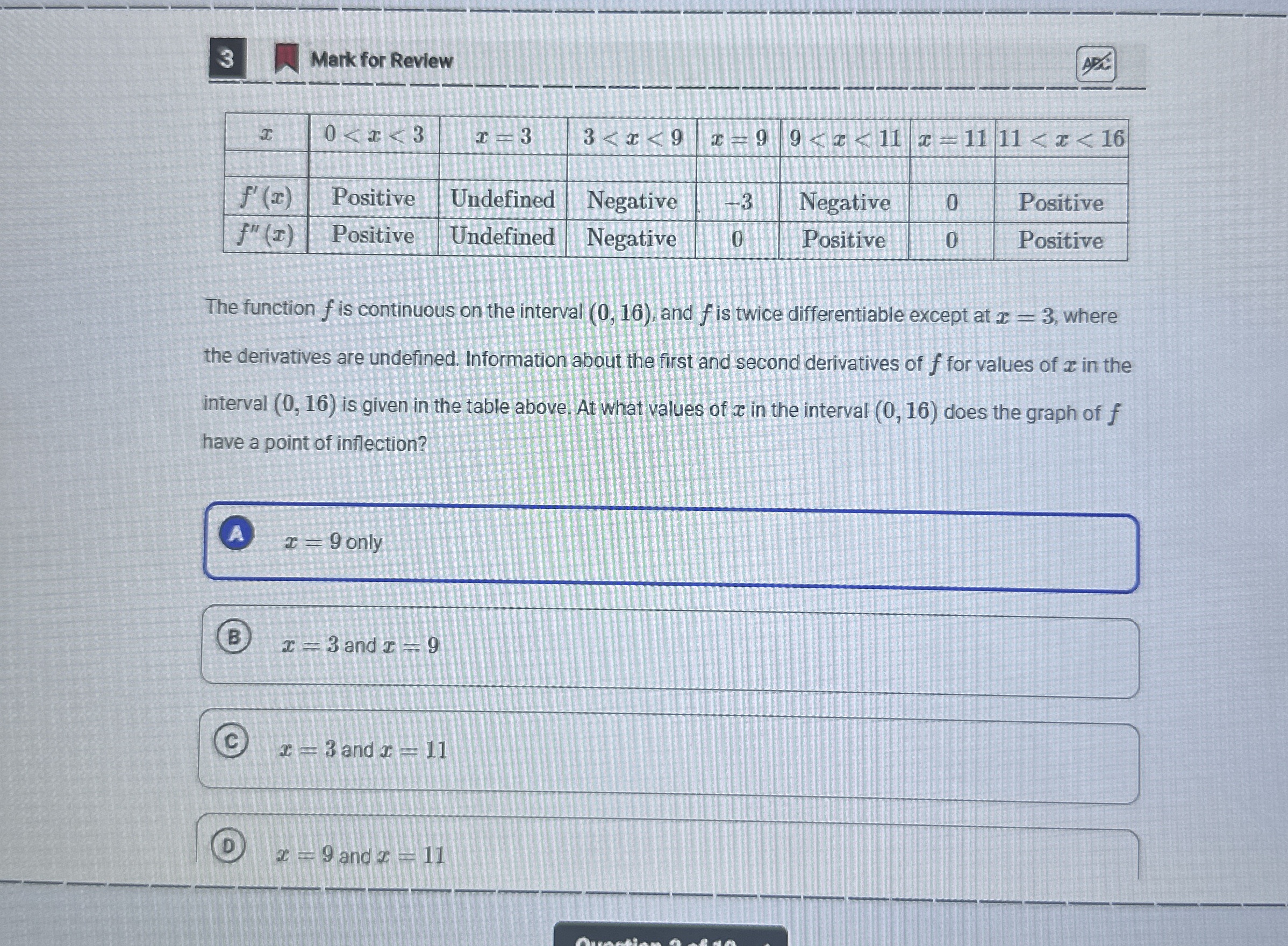 3 Mark for Review \ table [ [ x , x = 3 x = 9 x =