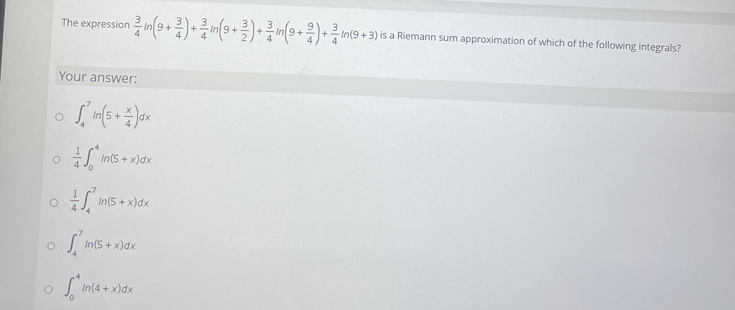 The expression 3 4 l n ( 9 + 3 4 ) + 3 4 l n ( 9