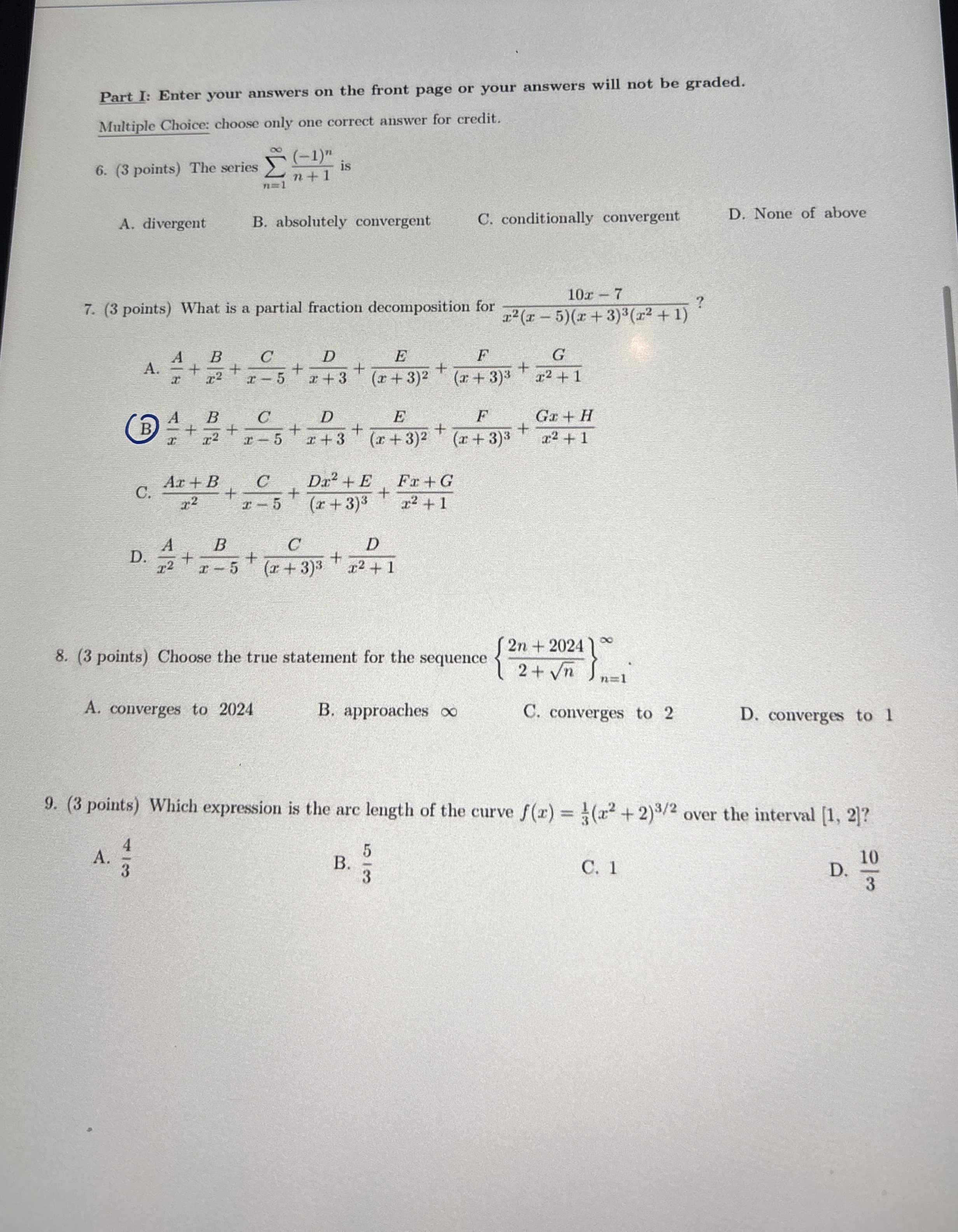 Part I: Enter your answers on the front page or