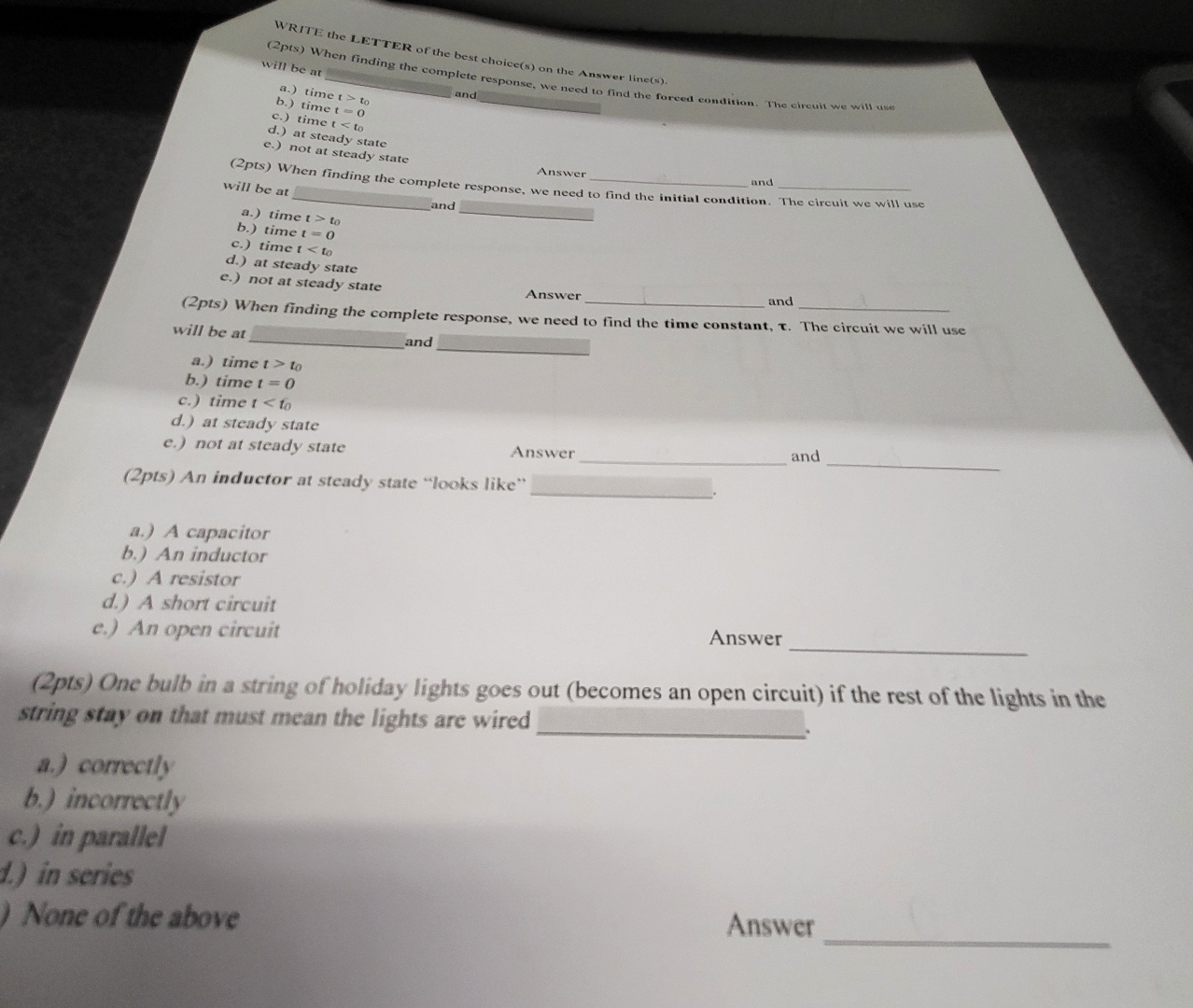 WRITE the LETTER of the best choice ( s ) on the