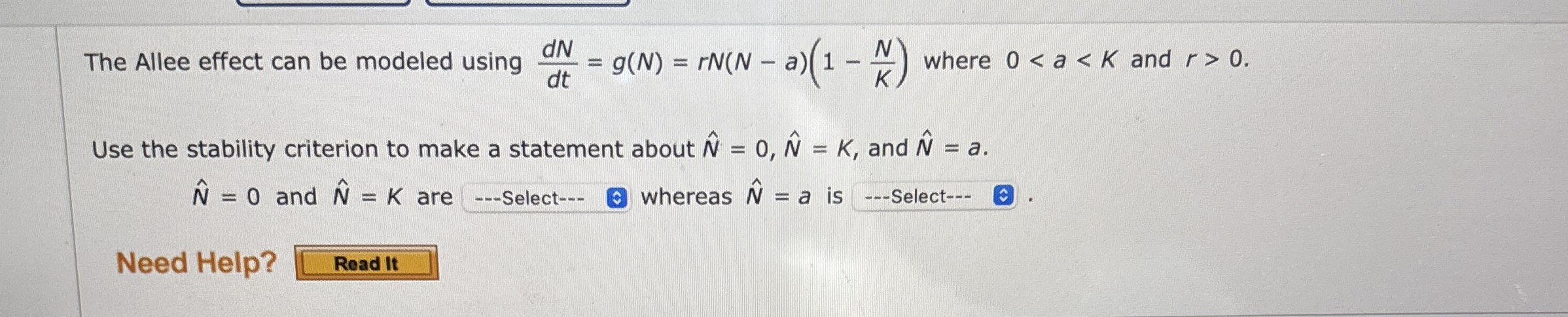 The Allee effect can be modeled using d N d t = g