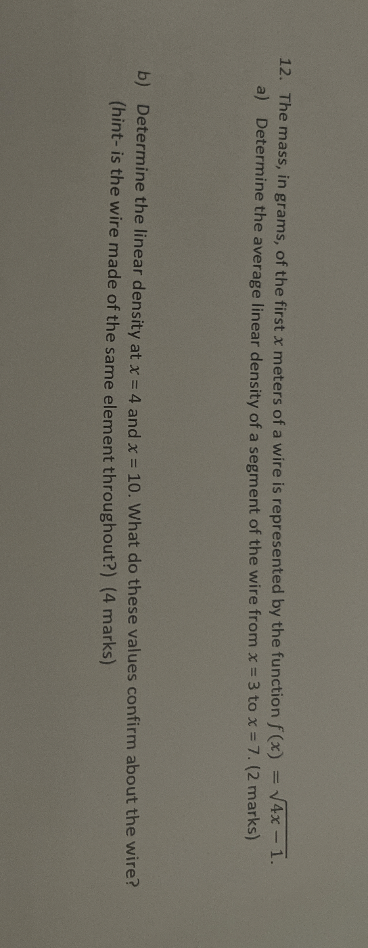 The mass, in grams, of the first x meters of a