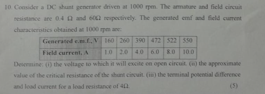 1 0 . Consider a DC shunt generator driven at 1 0