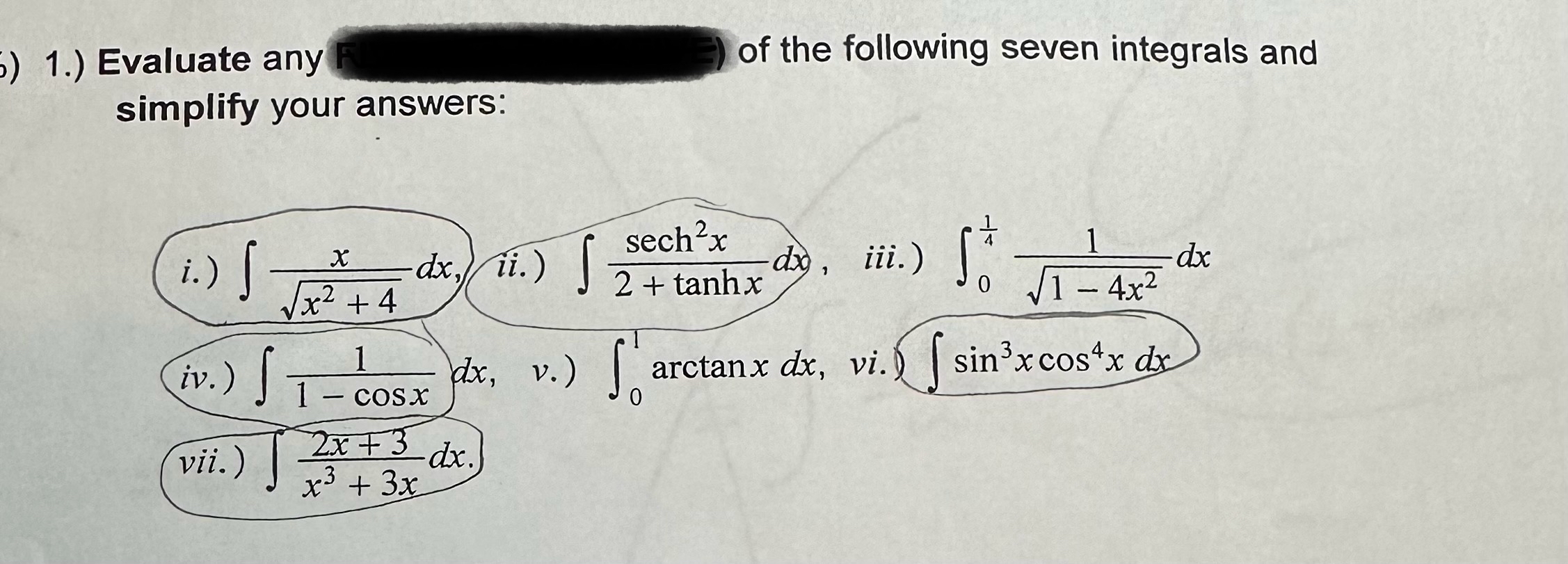 1 . ) Evaluate any of the following seven
