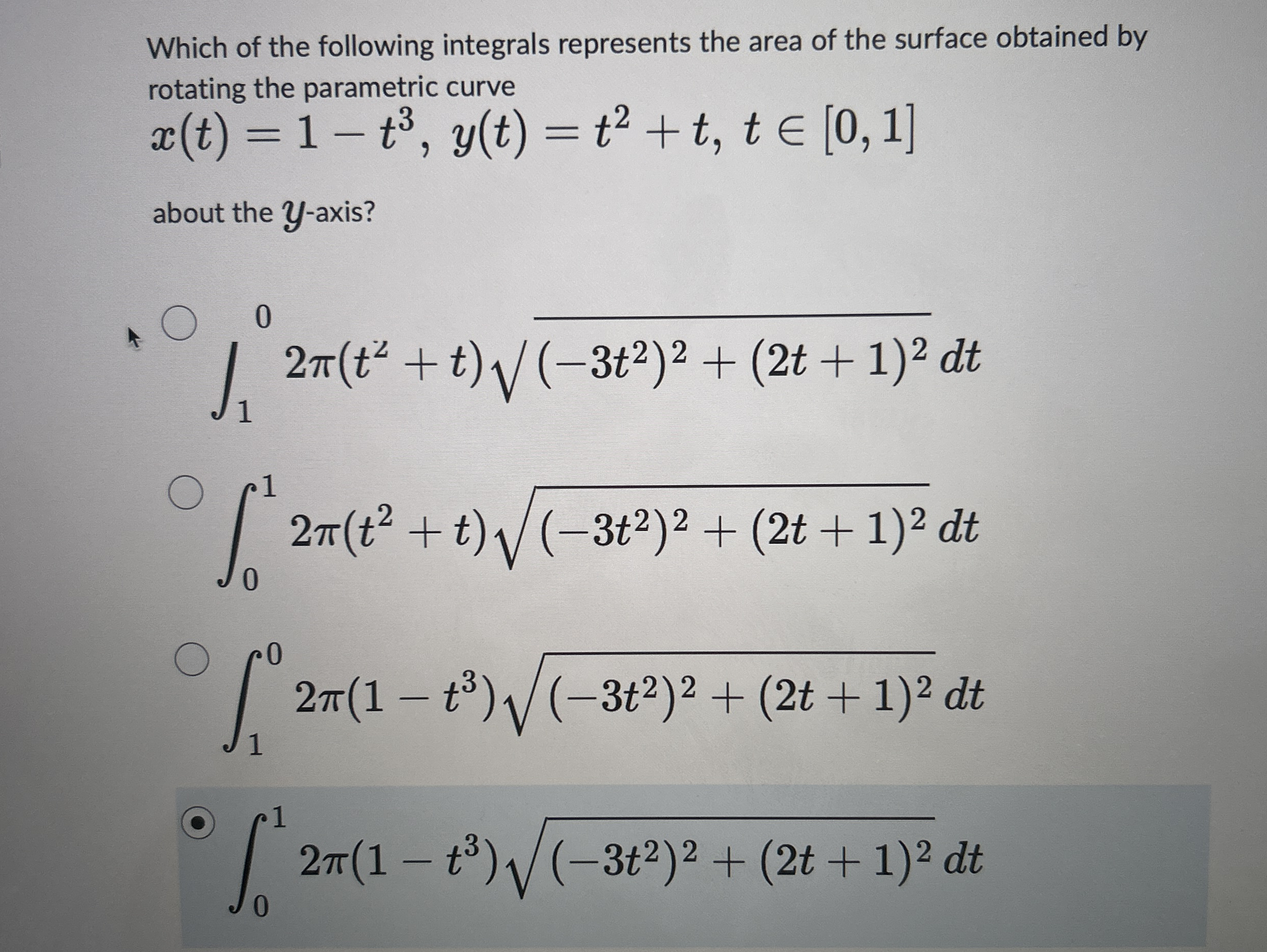 int _ ( 1 ) ^ ( 0 ) 2 pi ( t ^ ( 2 ) + t ) sqrt (