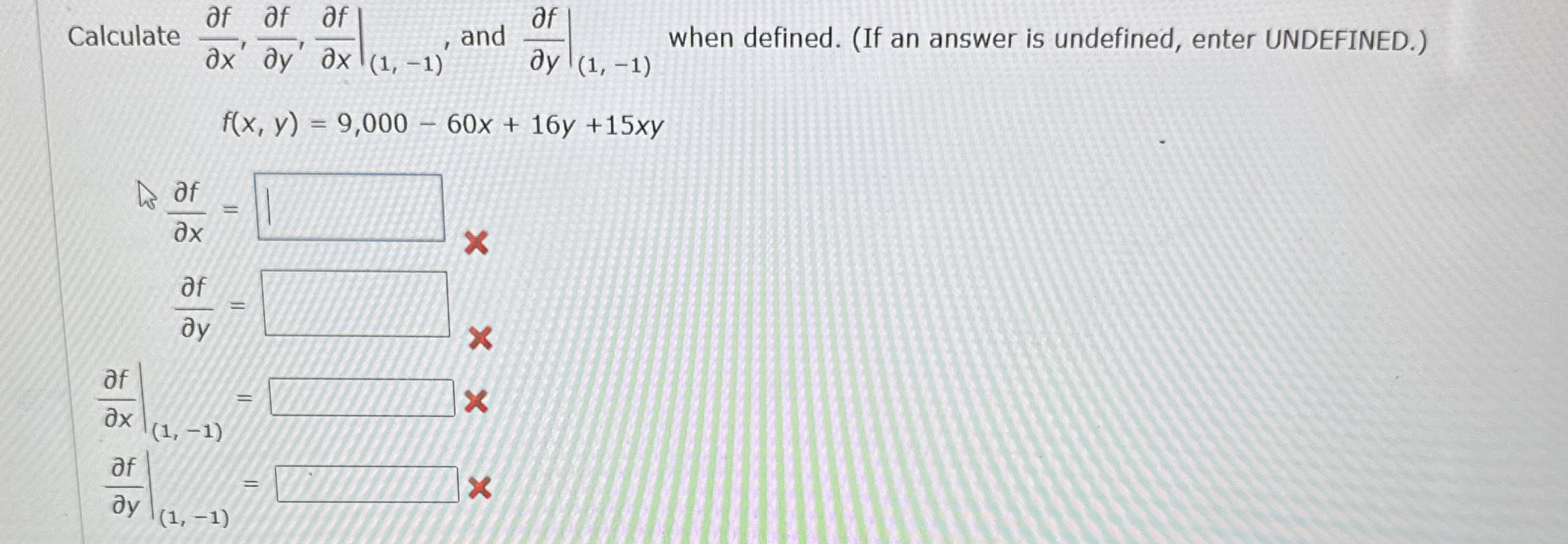 Calculate d e l f d e l x , d e l f d e l y , d e