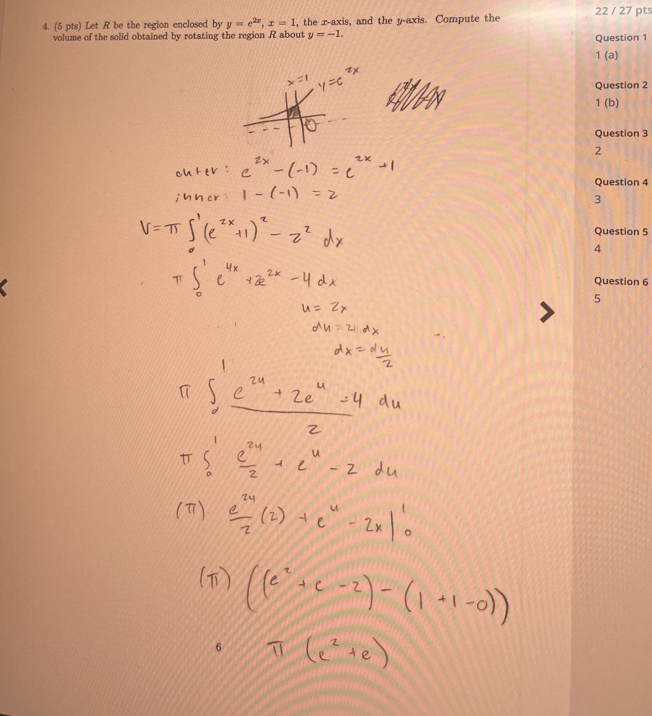 Let R be the region enclosed by y = e 2 x , x = 1