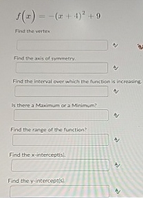 f ( x ) = - ( x + 4 ) 2 + 9 Find the verteX Find