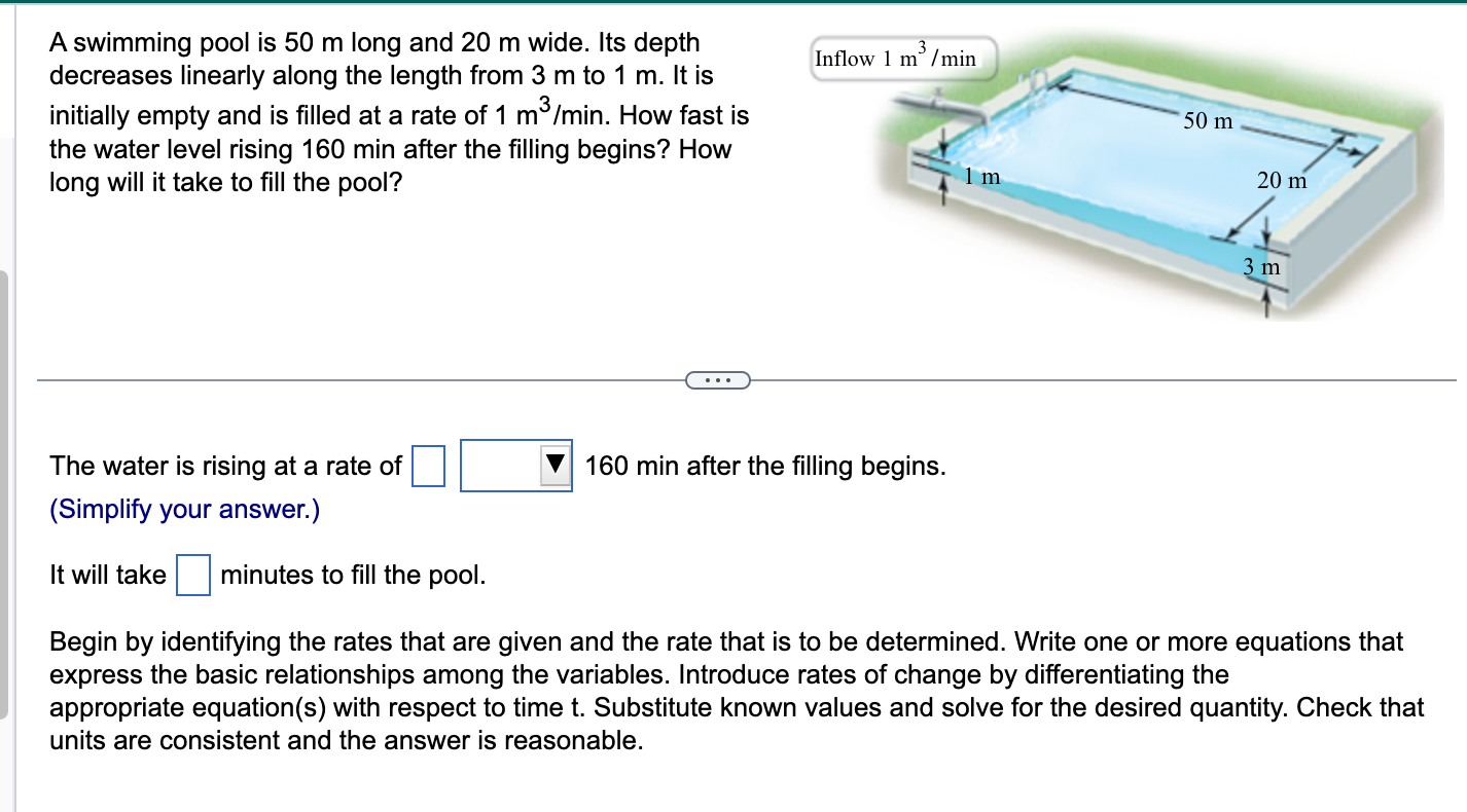 A swimming pool is 5 0 m long and 2 0 m wide. Its