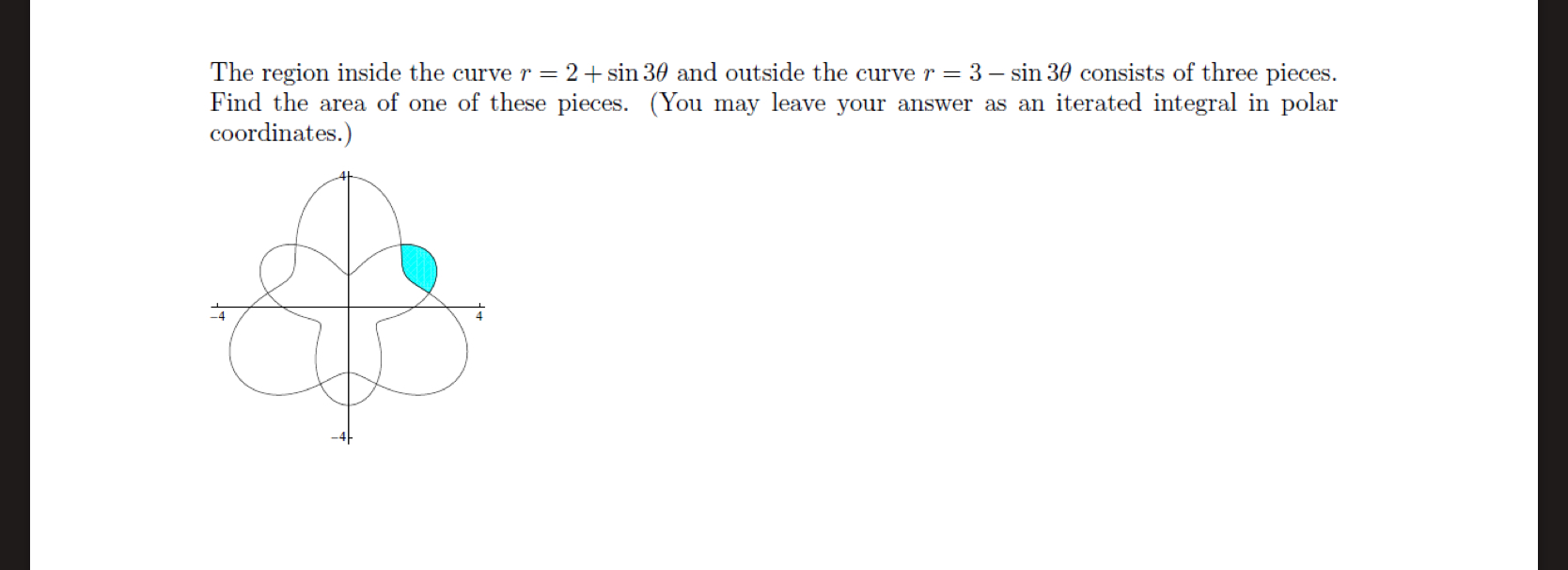 The region inside the curve r = 2 + s i n 3 and