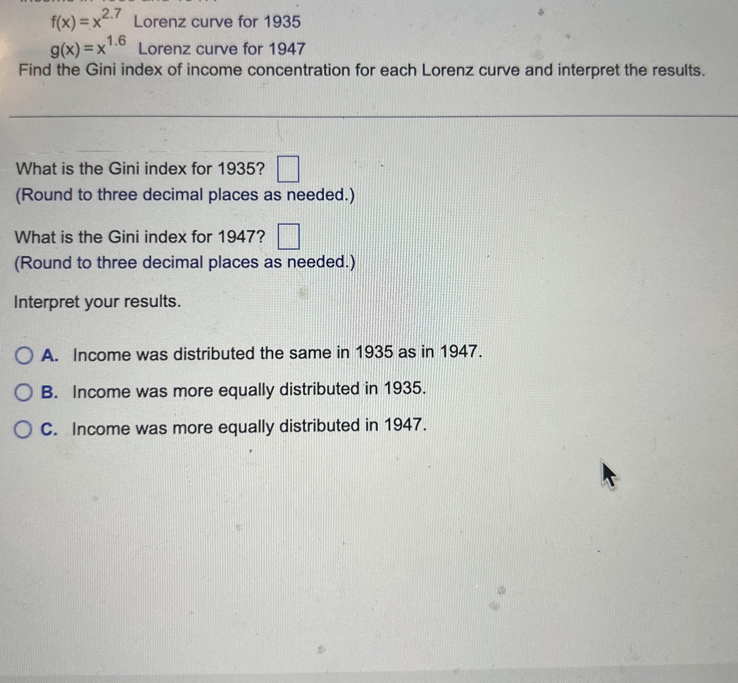 f ( x ) = x 2 . 7 Lorenz curve for 1 9 3 5 g ( x