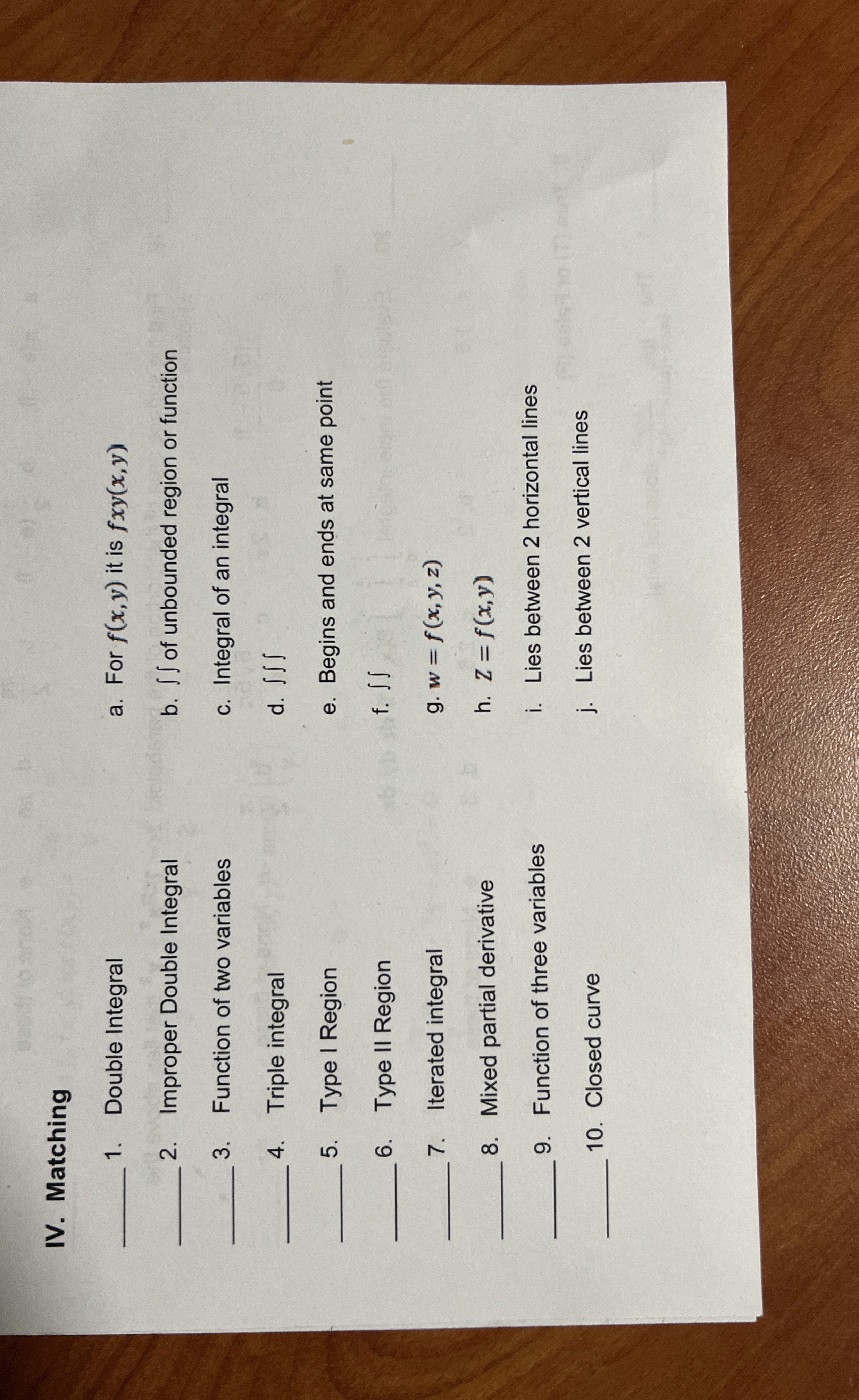 IV . Matching Double Integral a . For f ( x , y )