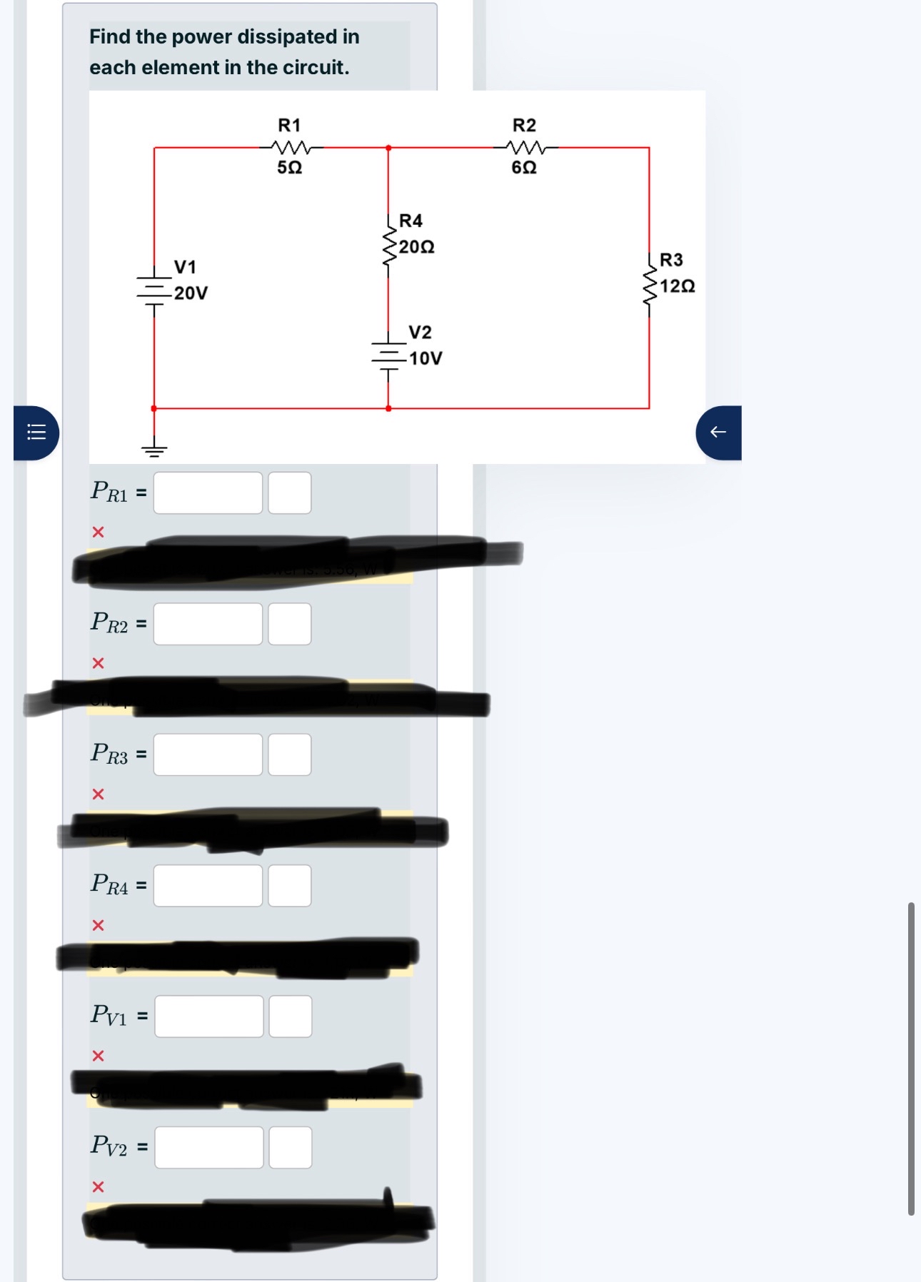 Find the power dissipated in each element in the