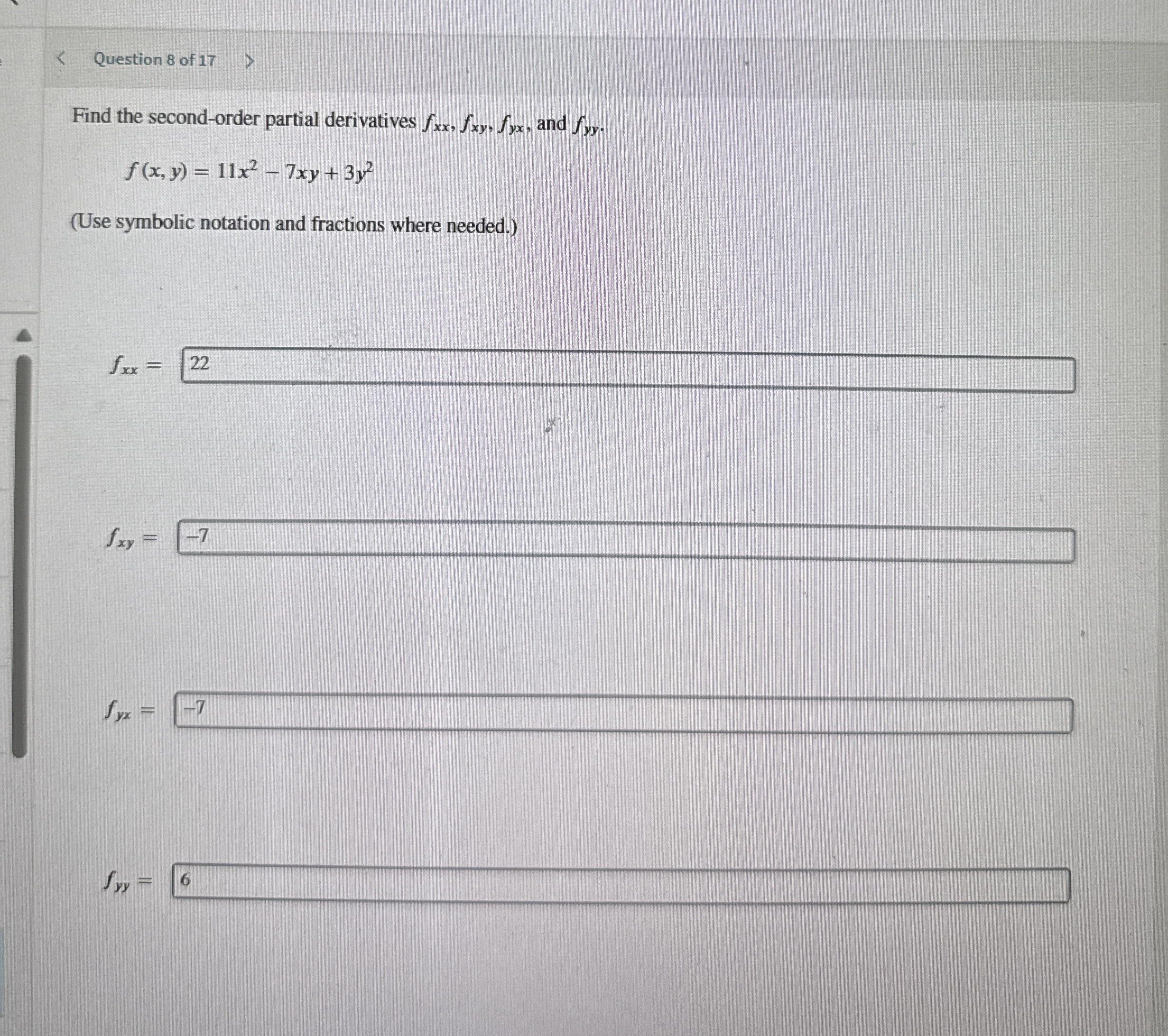 Question 8 of 1 7 Find the second - order partial