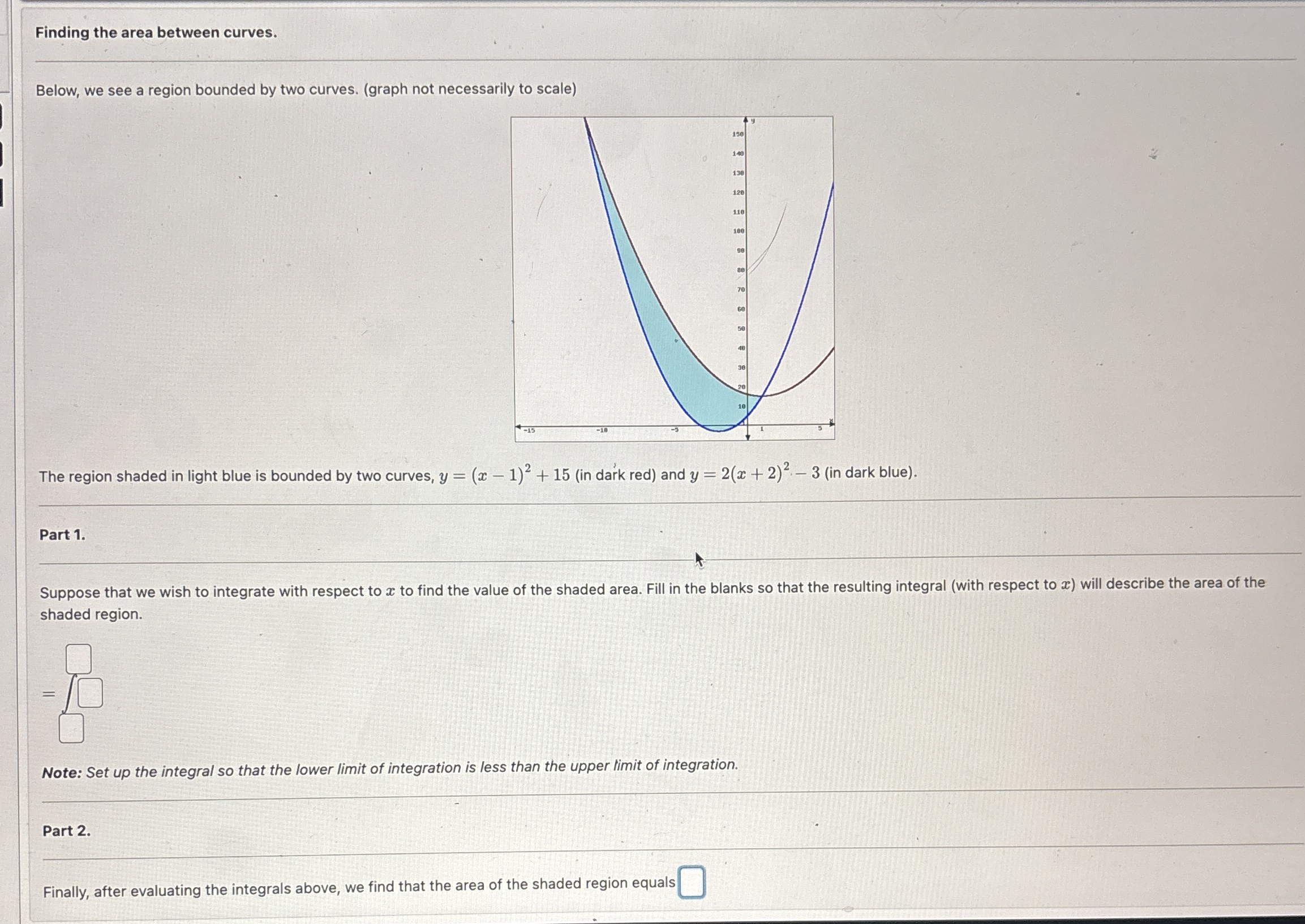 Finding the area between curves. Below, we see a
