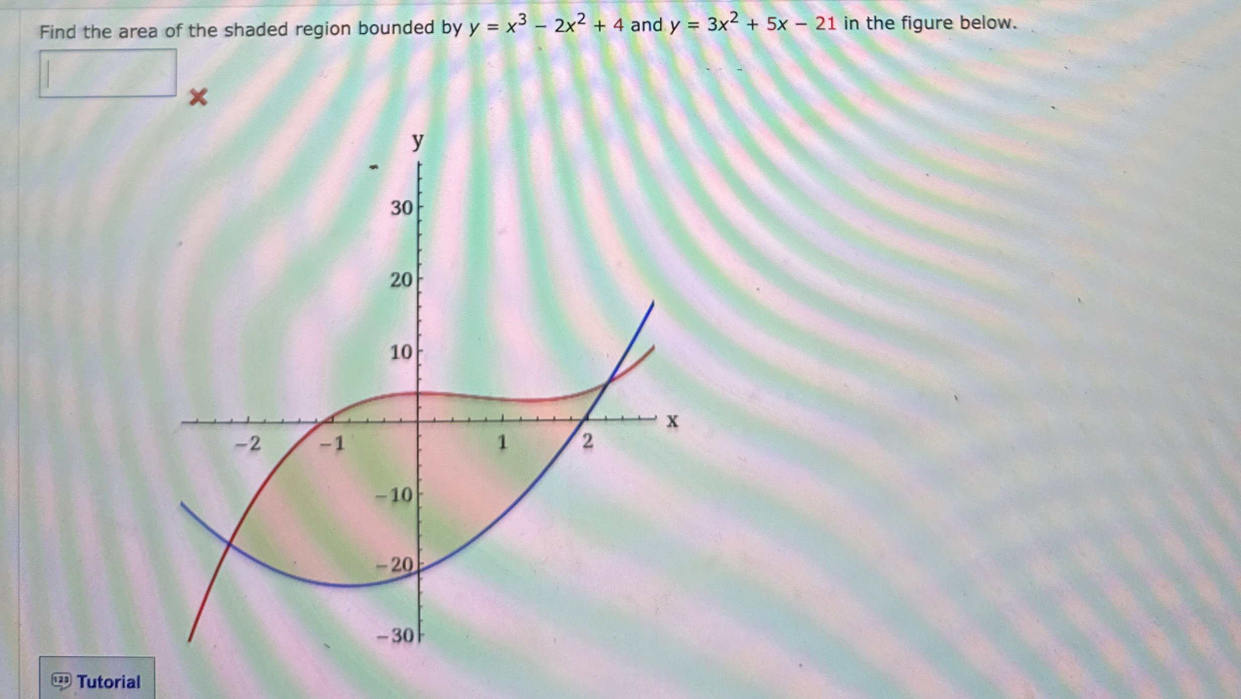 Find the area of the shaded region bounded by y =