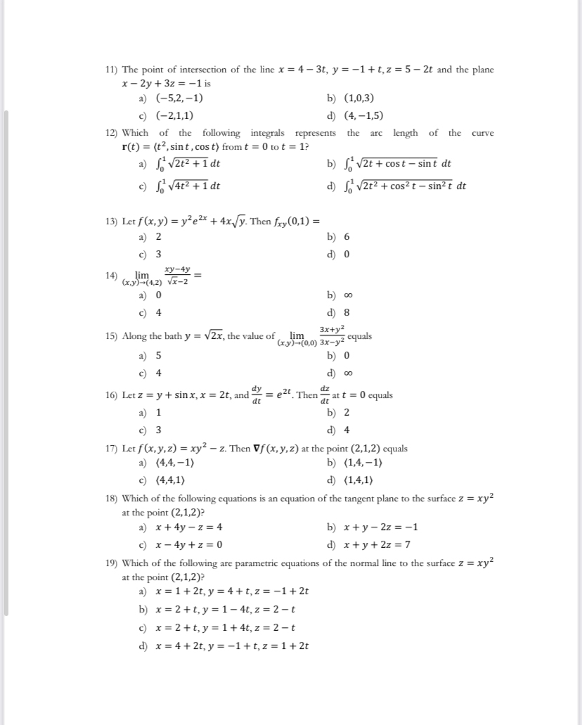 The point of intersection of the line x = 4 - 3 t