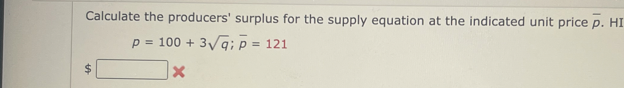 Calculate the producers' surplus for the supply