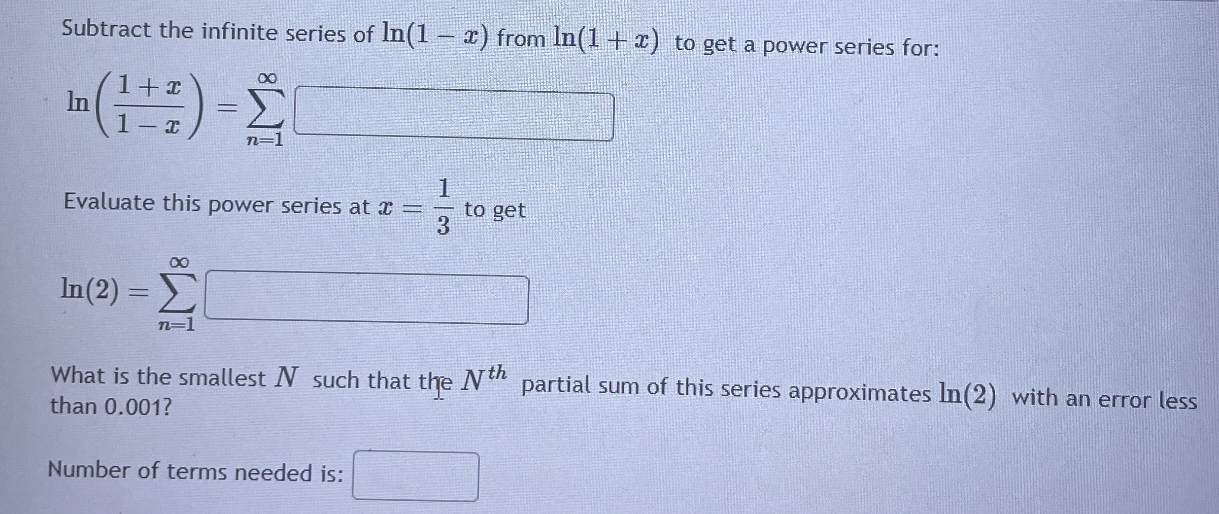 Subtract the infinite series of l n ( 1 - x )