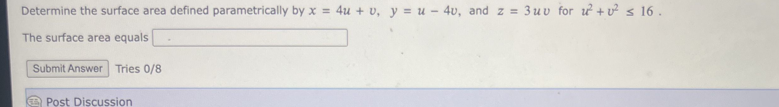 Determine the surface area defined parametrically