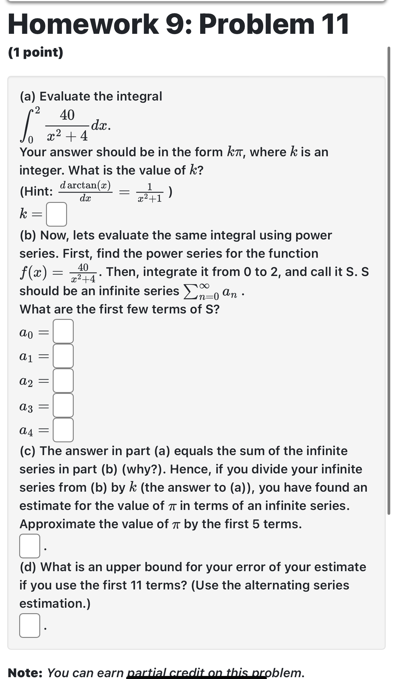 Homework 9 : Problem 1 1 ( 1 point ) ( a )