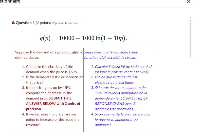 Question 1 ( 2 points ) Reprendre la question \ [