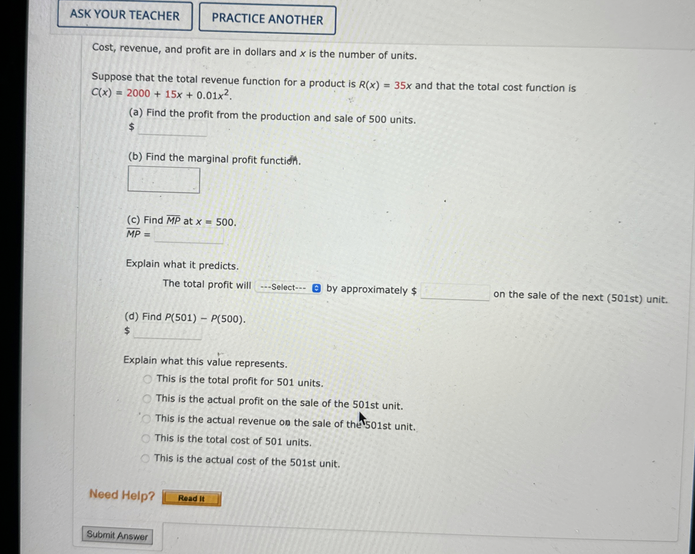 Cost, revenue, and profit are in dollars and x is