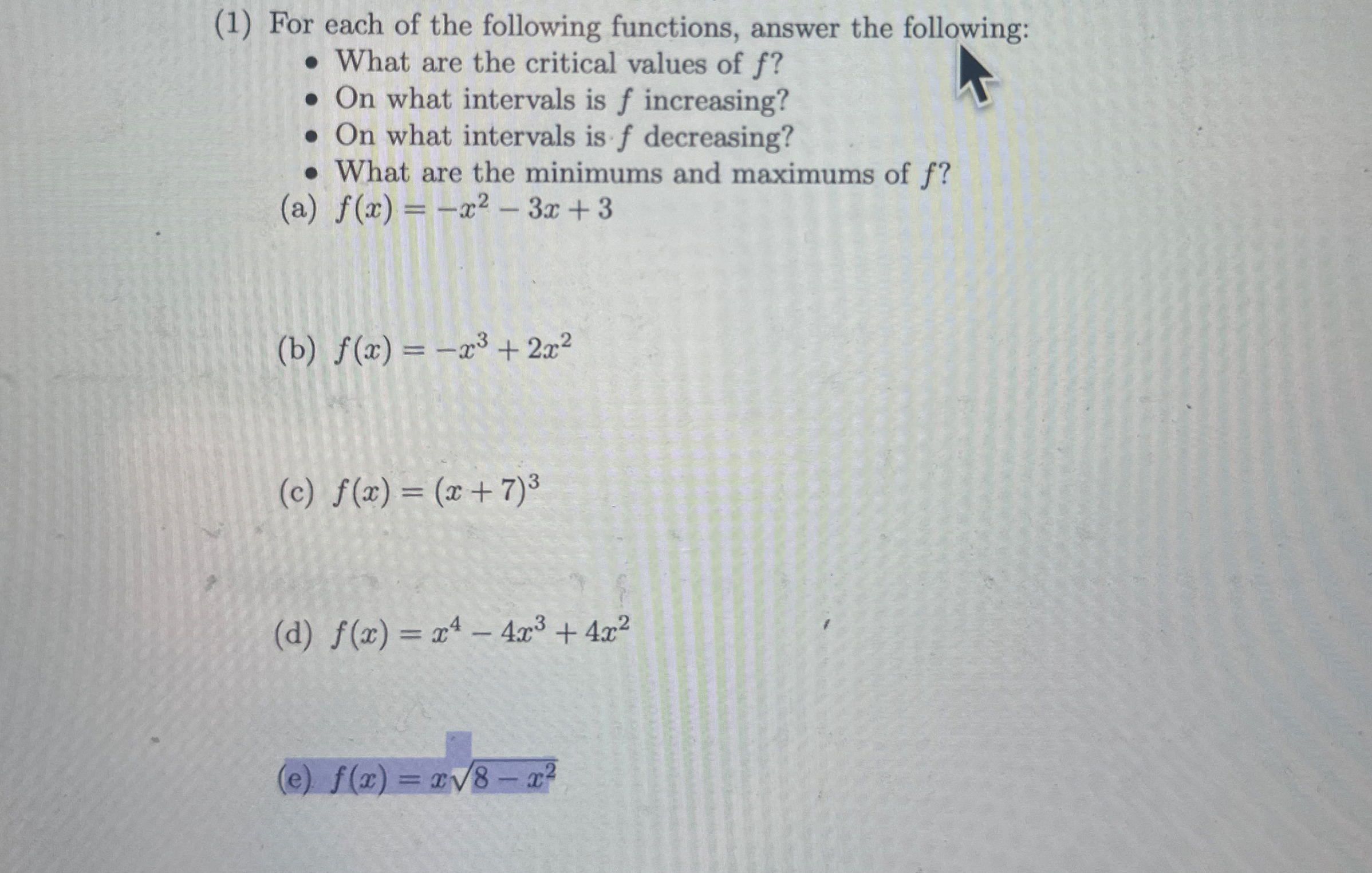 ( 1 ) For each of the following functions, answer